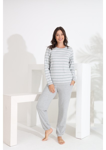 %100 Pamuk Uzun Kol Manşetli Cepli Kadın Pijama Takımı 98510-511