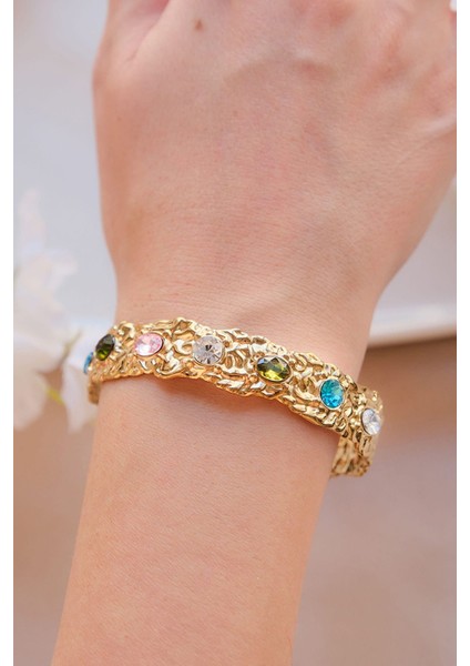 Gold Vintage Renkli Zirkon Taşlı Çelik Kelepçe Bileklik
