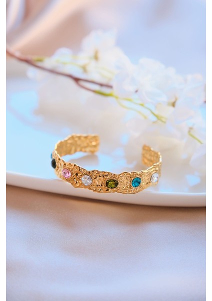 Gold Vintage Renkli Zirkon Taşlı Çelik Kelepçe Bileklik fiyatları