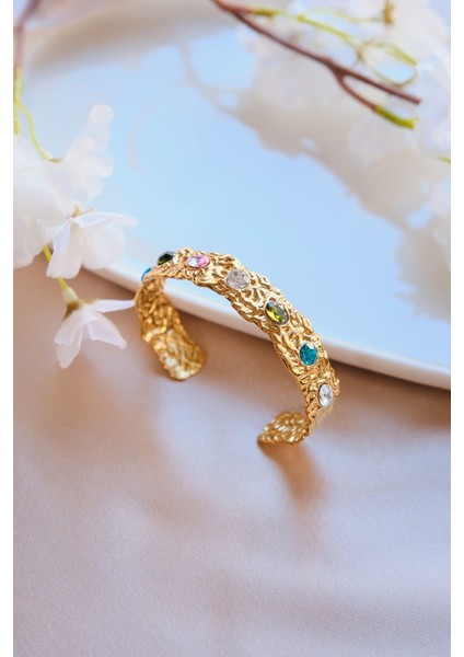 Gold Vintage Renkli Zirkon Taşlı Çelik Kelepçe Bileklik modelleri