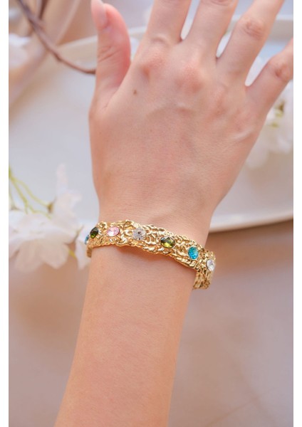 Gold Vintage Renkli Zirkon Taşlı Çelik Kelepçe Bileklik fırsatları