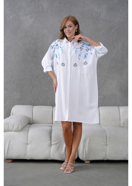 Kadın Uzun Nakış Işlemeli Keten Oversize Düğmeli Gömlek fiyatları