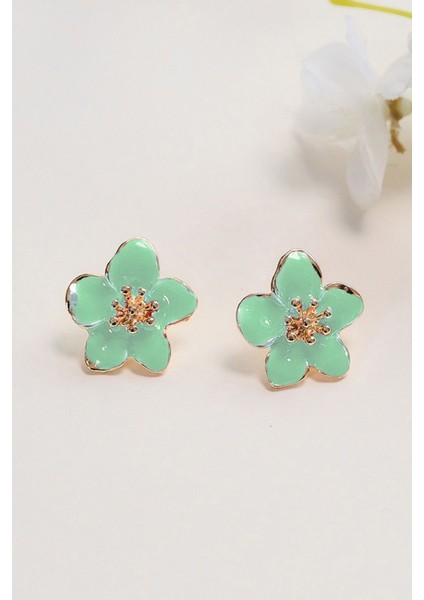 Altın Kaplama Su Yeşili Sakura Çiçeği Küpe