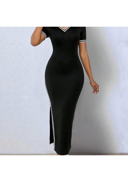 Kadın Kısa Kollu V Yakalı Yandan Yırtmaçlı Viskon Iki Iplik Elbise fiyatları