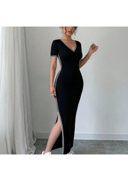 Kadın Kısa Kollu V Yakalı Yandan Yırtmaçlı Viskon Iki Iplik Elbise modelleri