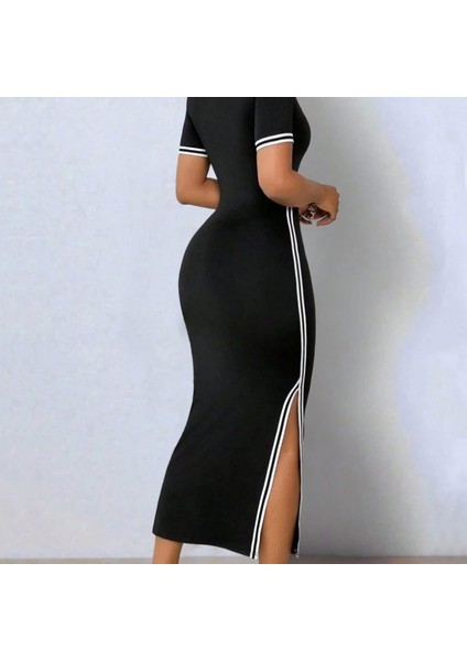 Kadın Kısa Kollu V Yakalı Yandan Yırtmaçlı Viskon Iki Iplik Elbise indirimleri