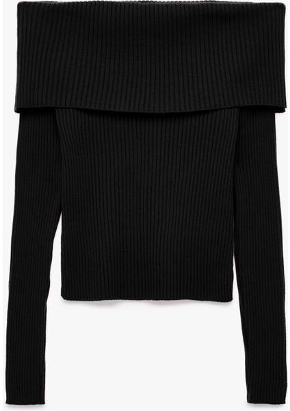 Uzun Kollu Slim Fit Omzu Açık Fitilli Triko Kazak