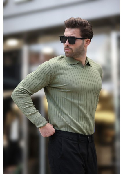 Haki Polo Yaka Çizgili Uzun Kollu Kazak 7239