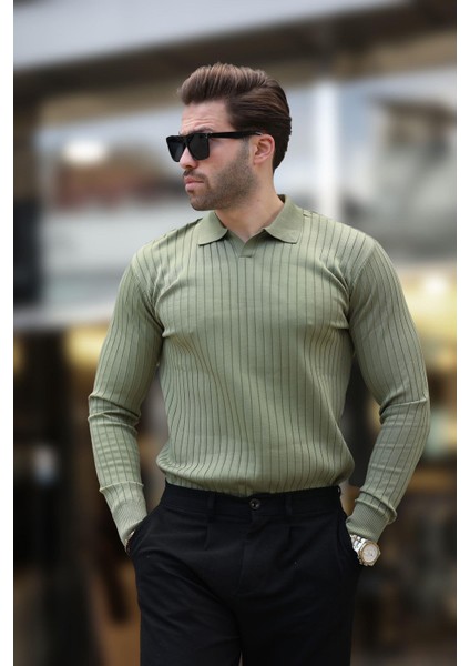 Haki Polo Yaka Çizgili Uzun Kollu Kazak 7239 modelleri