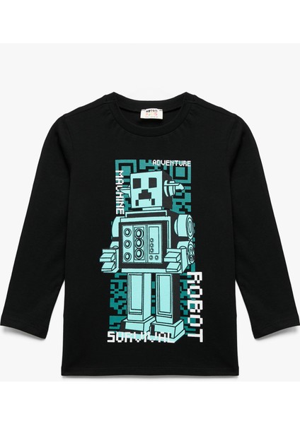 Pamuklu Uzun Kollu Bisiklet Yaka Robot Baskılı Tişört