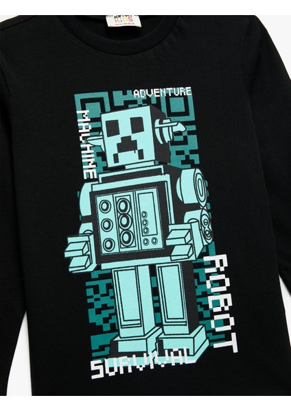 Pamuklu Uzun Kollu Bisiklet Yaka Robot Baskılı Tişört modelleri