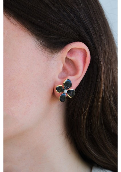 Altın Kaplama Incili Siyah Mineli Çiçek Küpe modelleri