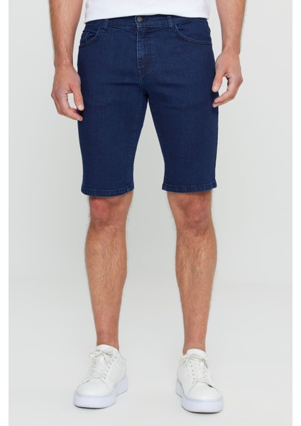Erkek Koyu Lacivert Slim Fit Dar Kesim Pamuklu Esnek Denim Şort