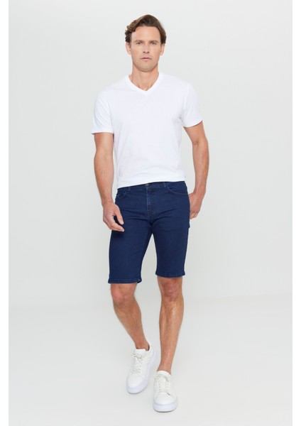 Erkek Koyu Lacivert Slim Fit Dar Kesim Pamuklu Esnek Denim Şort modelleri
