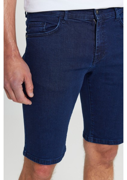 Erkek Koyu Lacivert Slim Fit Dar Kesim Pamuklu Esnek Denim Şort