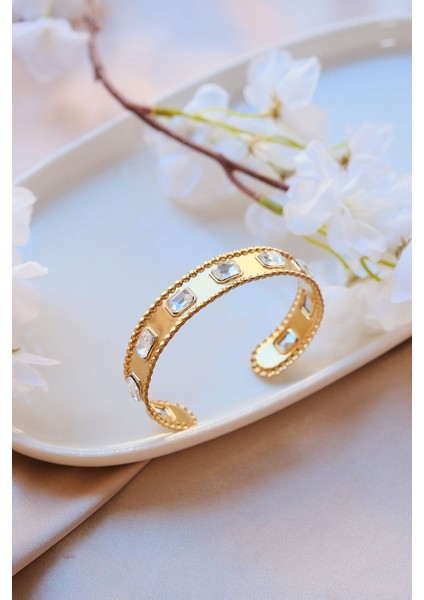 Gold Vintage Baget Zirkon Taşlı Çelik Kelepçe Bileklik