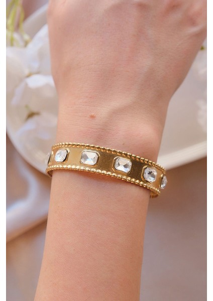 Gold Vintage Baget Zirkon Taşlı Çelik Kelepçe Bileklik fiyatları