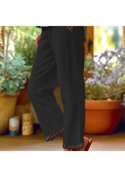 Kadın Beli Lastikli Bağcıklı Cep ve Pantolon Ucu Güpür Detaylı Pantolon