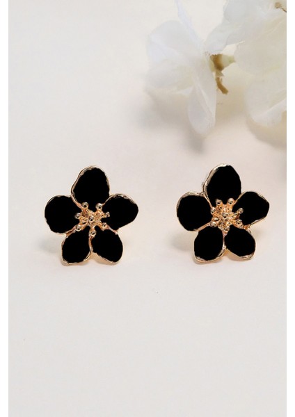 Altın Kaplama Siyah Sakura Çiçeği Küpe
