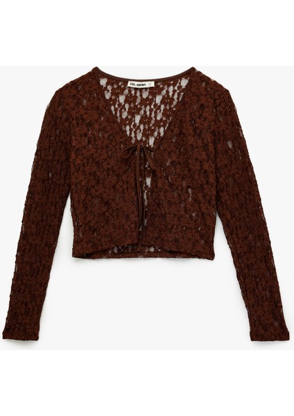 Bağlama Detaylı Uzun Kollu V Yaka Dantel Hırka