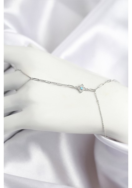 Zarif Kadın Için Silver Pirinç Zirkonlu Mavi Boncuklu Yonca Şahmeran