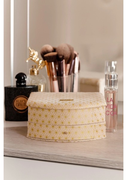 Dekoratif Kadife Takı Bijuteri Mücevher Kutusu Organizer Düzenleyici Krem