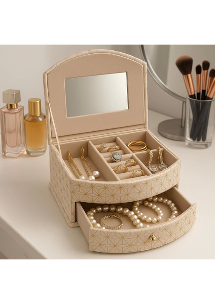 Dekoratif Kadife Takı Bijuteri Mücevher Kutusu Organizer Düzenleyici Krem modelleri