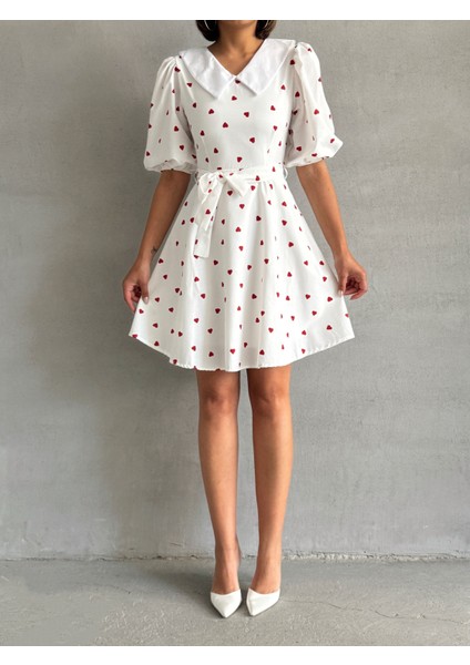 Kadın Desenli Yaka Detaylı Balon Kol Elbise