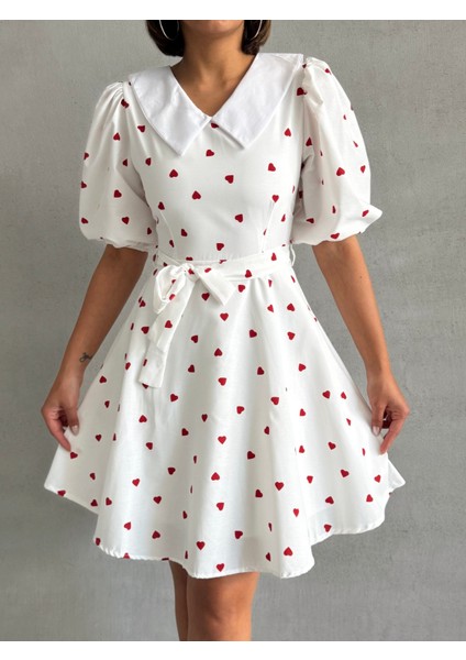 Kadın Desenli Yaka Detaylı Balon Kol Elbise fiyatları