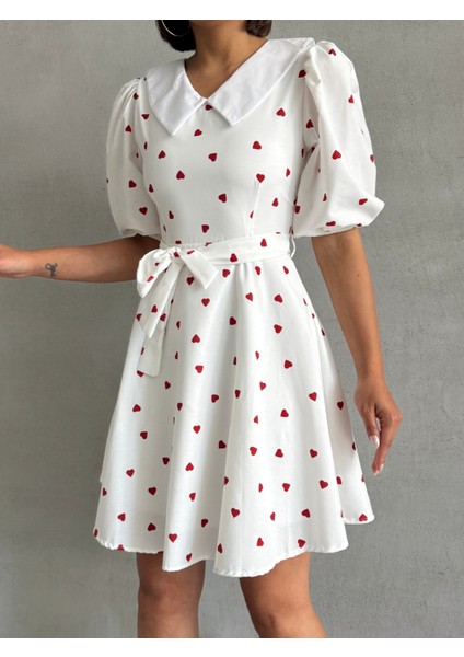 Kadın Desenli Yaka Detaylı Balon Kol Elbise modelleri