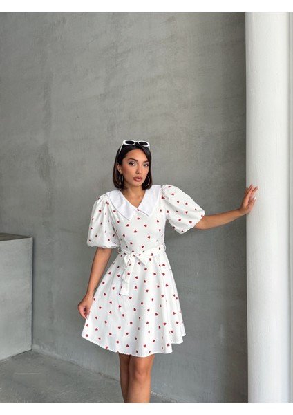 Kadın Desenli Yaka Detaylı Balon Kol Elbise fırsatları