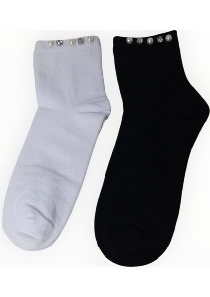 2 Çift Kadın Inci Taşlı Soket Çorap Siyah - Beyaz