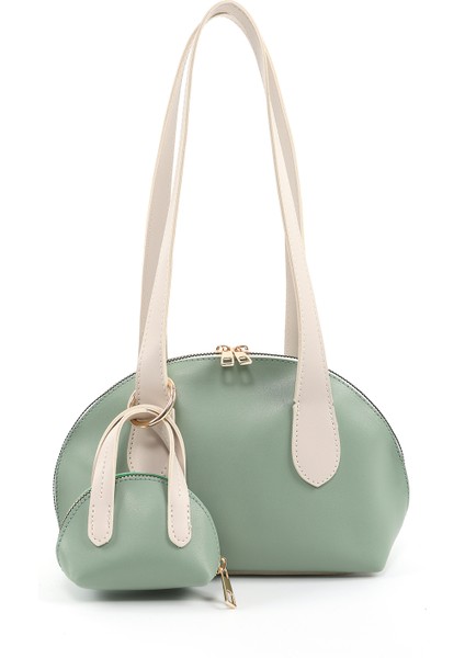 Mint Yeşil/krem SHK232 Suni Deri Tek Bölmeli Charm Mini Çanta Aksesuarlı El, Kol ve Omuz Çantası
