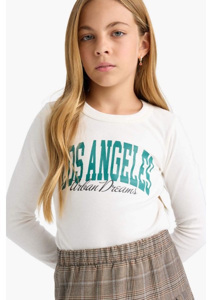 Kız Çocuk Slim Fit Dar Kesim Bisiklet Yaka Baskılı Fitilli Kaşkorse Uzun Kollu Tişört C7465A825AU