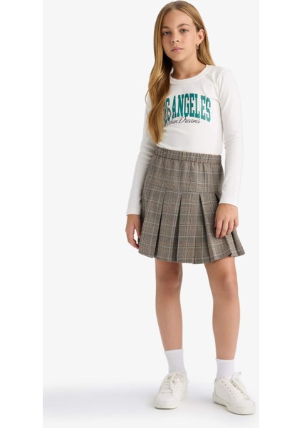 Kız Çocuk Slim Fit Dar Kesim Bisiklet Yaka Baskılı Fitilli Kaşkorse Uzun Kollu Tişört C7465A825AU fiyatları