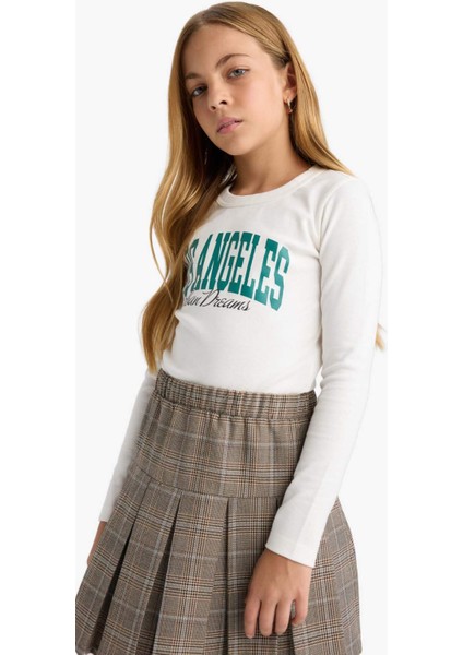 Kız Çocuk Slim Fit Dar Kesim Bisiklet Yaka Baskılı Fitilli Kaşkorse Uzun Kollu Tişört C7465A825AU fırsatları