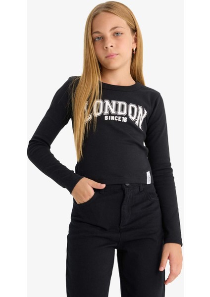 Kız Çocuk Slim Fit Dar Kesim Bisiklet Yaka Baskılı Fitilli Kaşkorse Uzun Kollu Tişört C7465A825AU