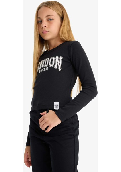 Kız Çocuk Slim Fit Dar Kesim Bisiklet Yaka Baskılı Fitilli Kaşkorse Uzun Kollu Tişört C7465A825AU fırsatları