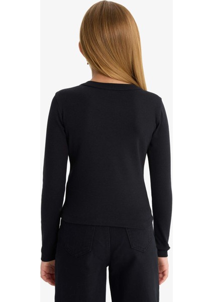 Kız Çocuk Slim Fit Dar Kesim Bisiklet Yaka Baskılı Fitilli Kaşkorse Uzun Kollu Tişört C7465A825AU