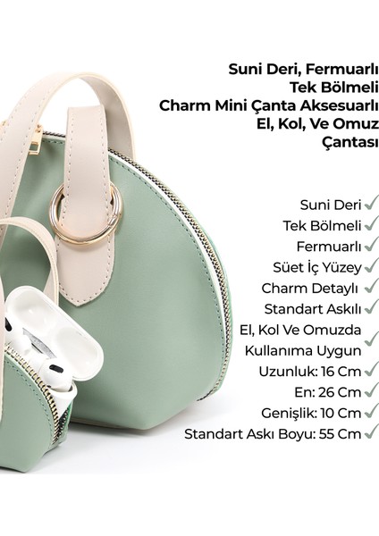Mint Yeşil/krem SHK232 Suni Deri Tek Bölmeli Charm Mini Çanta Aksesuarlı El, Kol ve Omuz Çantası