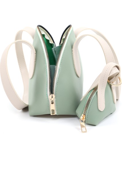 Mint Yeşil/krem SHK232 Suni Deri Tek Bölmeli Charm Mini Çanta Aksesuarlı El, Kol ve Omuz Çantası