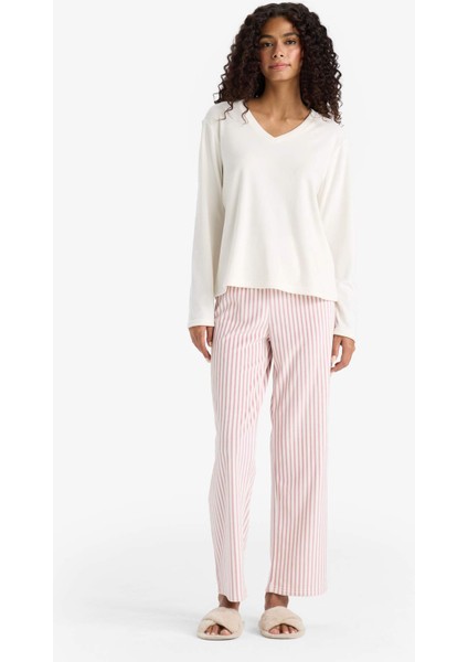 Pijama Takımı Regular Fit Uzun Kollu Velur Üst Çizgili Uzun Alt-Fall in Love A6205AX25AU