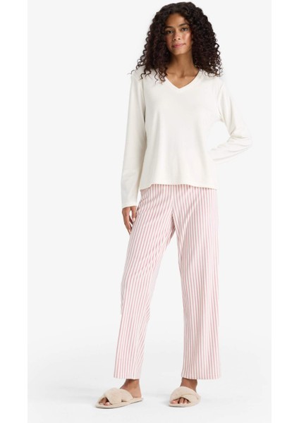 Pijama Takımı Regular Fit Uzun Kollu Velur Üst Çizgili Uzun Alt-Fall in Love A6205AX25AU fiyatları