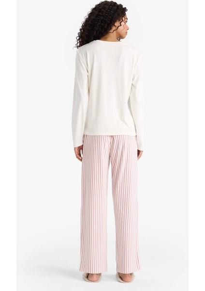 Pijama Takımı Regular Fit Uzun Kollu Velur Üst Çizgili Uzun Alt-Fall in Love A6205AX25AU