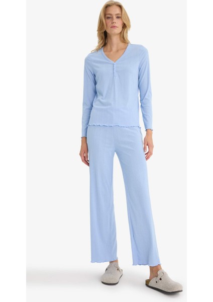 Pijama Takımı Regular Fit Ribana Uzun Kollu Üst Uzun Alt-Fall in Love D2273AX25AU fiyatları