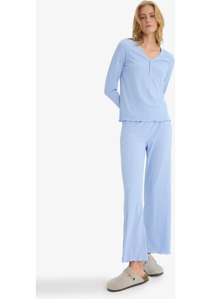 Pijama Takımı Regular Fit Ribana Uzun Kollu Üst Uzun Alt-Fall in Love D2273AX25AU modelleri