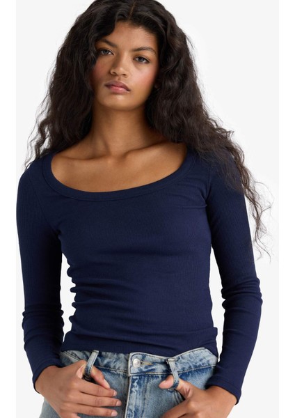 Slim Fit Dar Kesim Yuvarlak Yaka Basic Düz Fitilli Kaşkorse Uzun Kollu Tişört