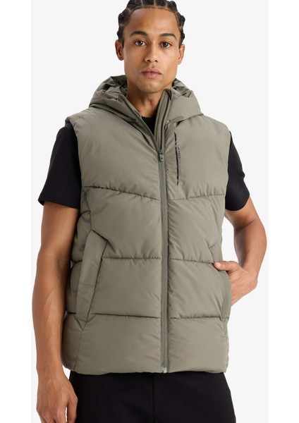 Fit Su İtici Rüzgar Geçirmez Regular Fit Kapüşonlu Fermuarlı Cepli Şişme Yelek