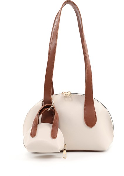 Krem - Taba SHK232 Suni Deri Tek Bölmeli Charm Mini Çanta Aksesuarlı El, Kol ve Omuz Çantası