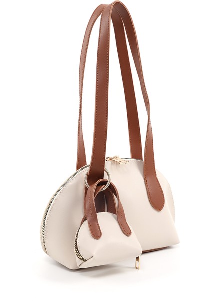 Krem - Taba SHK232 Suni Deri Tek Bölmeli Charm Mini Çanta Aksesuarlı El, Kol ve Omuz Çantası fiyatları